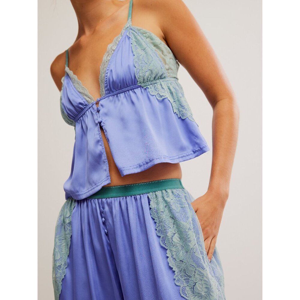 NWOT Free People Lavender Satin Lace-Trim Pajama Set with Mint Accents - Picture 4 of 10